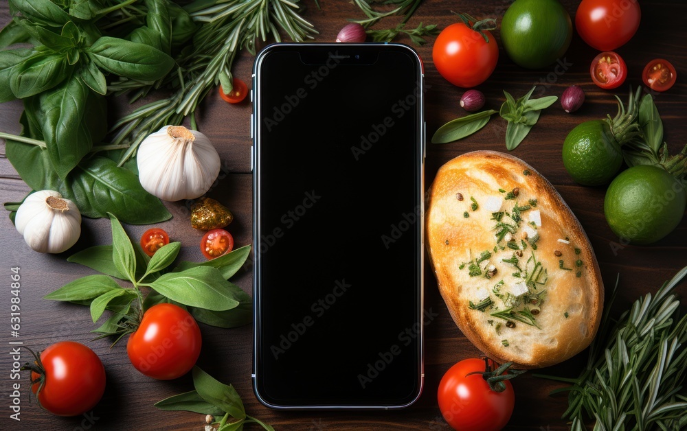 Smartphone with blank screen for searching and shopping online grocery in the kitchen.