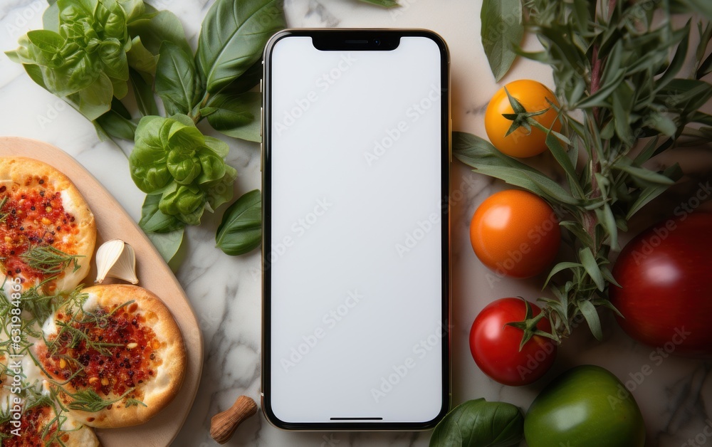 Smartphone with blank screen for searching and shopping online grocery in the kitchen.