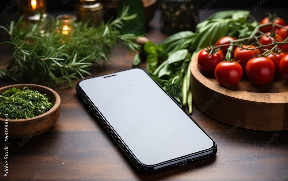 Smartphone with blank screen for searching and shopping online grocery in the kitchen.