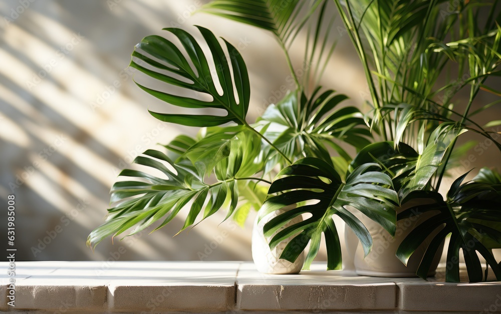 Tropical palm leaves with shadows on white concrete wall abstract blurred tropical background.