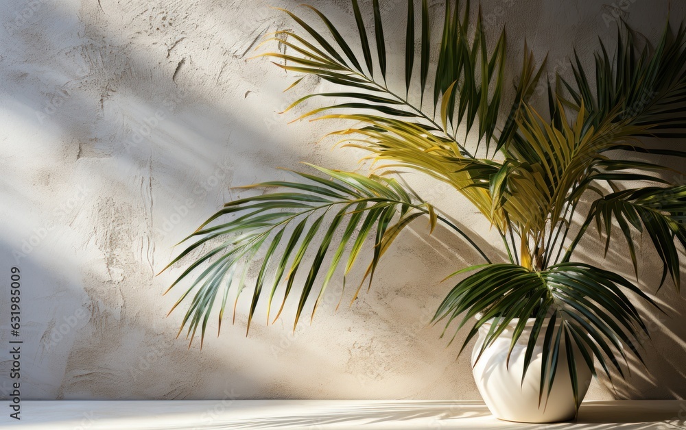 Tropical palm leaves with shadows on white concrete wall abstract blurred tropical background.