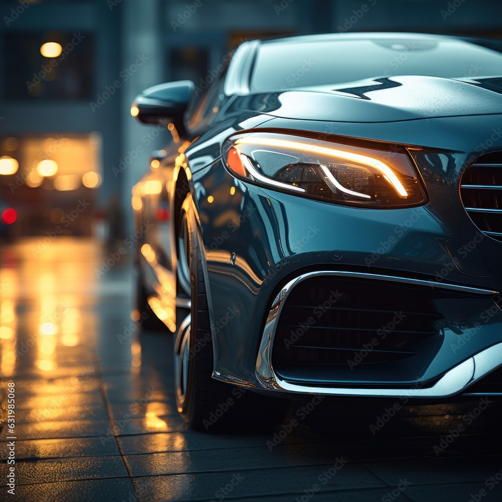 view of the bumper of a car with headlights close-up with headlights.