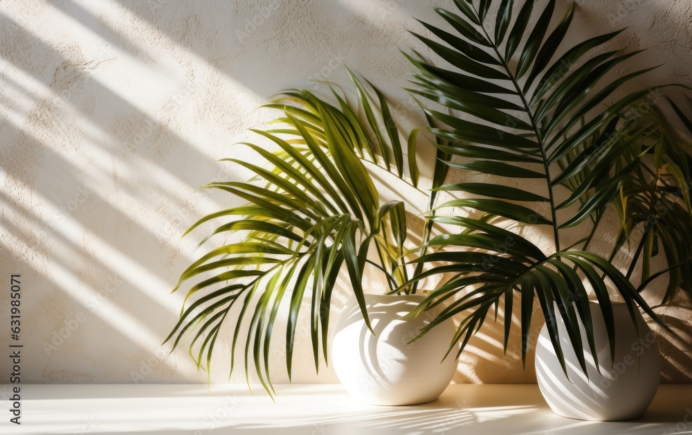 Tropical palm leaves with shadows on white concrete wall abstract blurred tropical background.