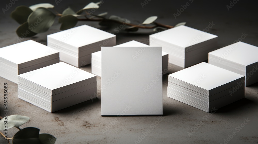 White blank business cards lie on a white clean table, mockup.