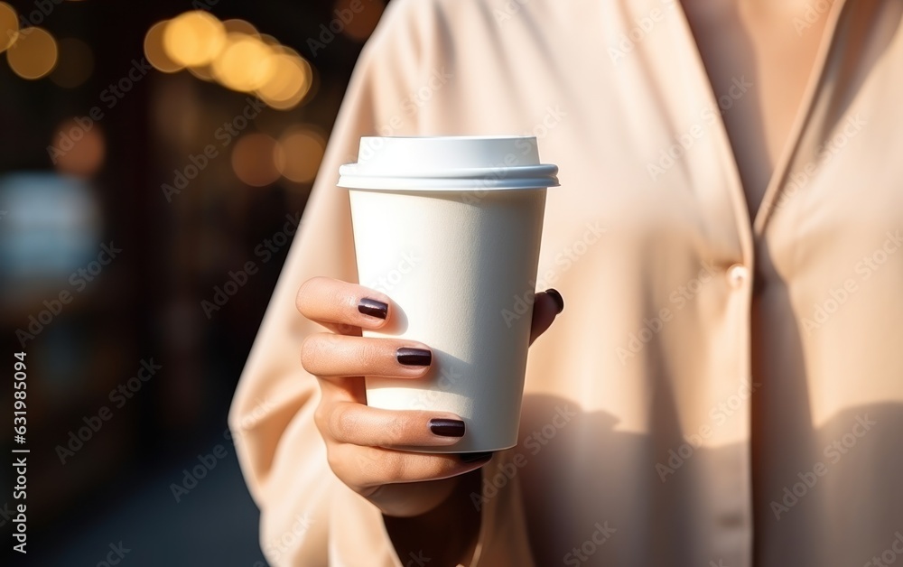 white empty paper cup for coffee, in female hands.