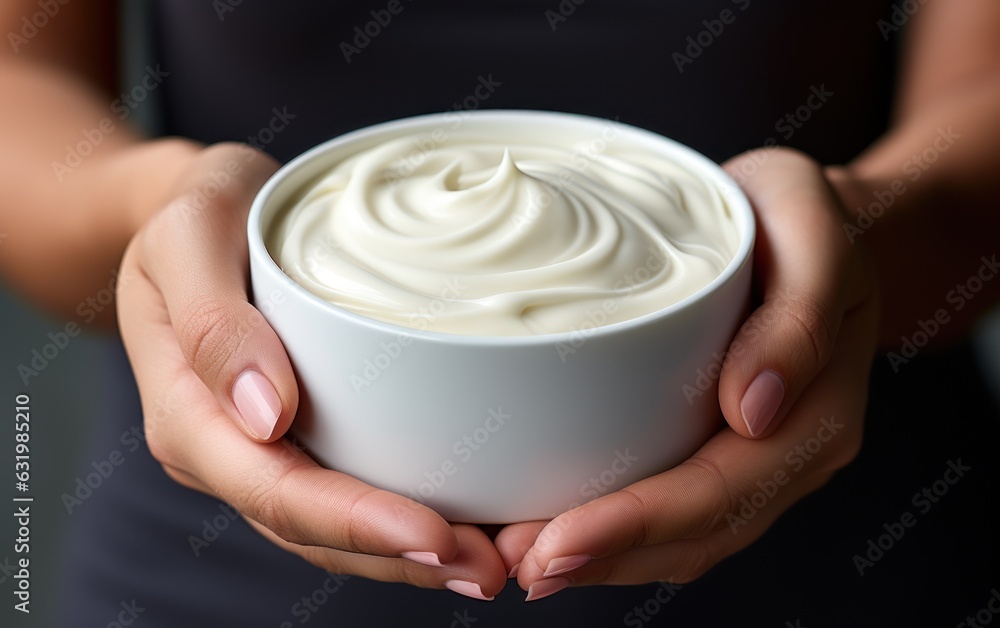 Woman hands holding blank cream product.