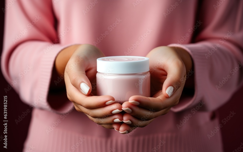 Woman hands holding blank cream product.