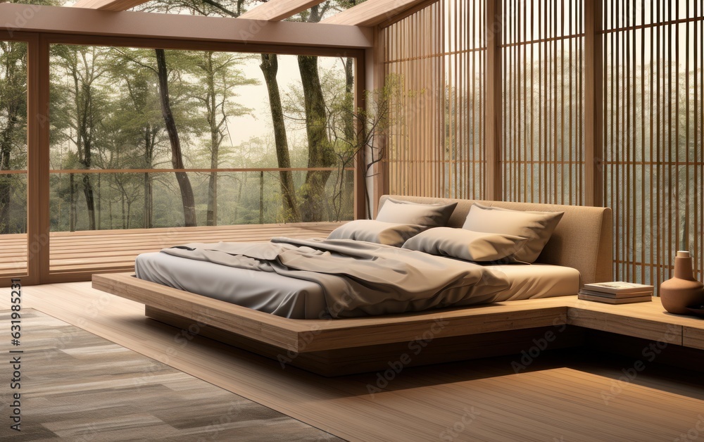 Wooden Japanese platform bed with bedside, fabric headboard.