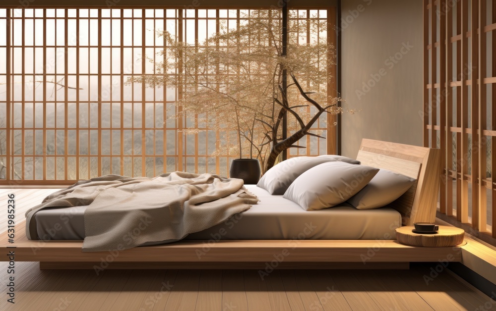 Wooden Japanese platform bed with bedside, fabric headboard.