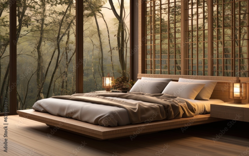 Wooden Japanese platform bed with bedside, fabric headboard.