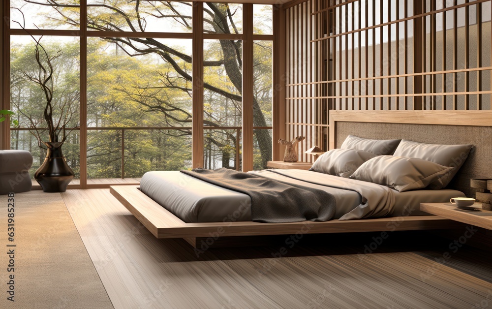 Wooden Japanese platform bed with bedside, fabric headboard.