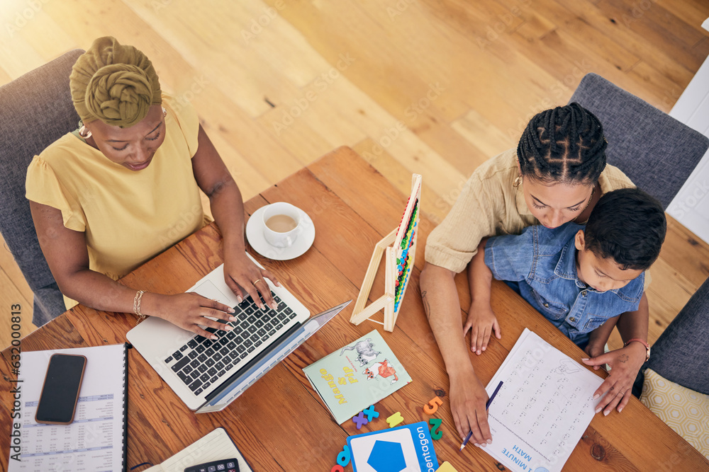 Child, homework and math with mom help in home with counting and working lgbt parents. Young boy, st