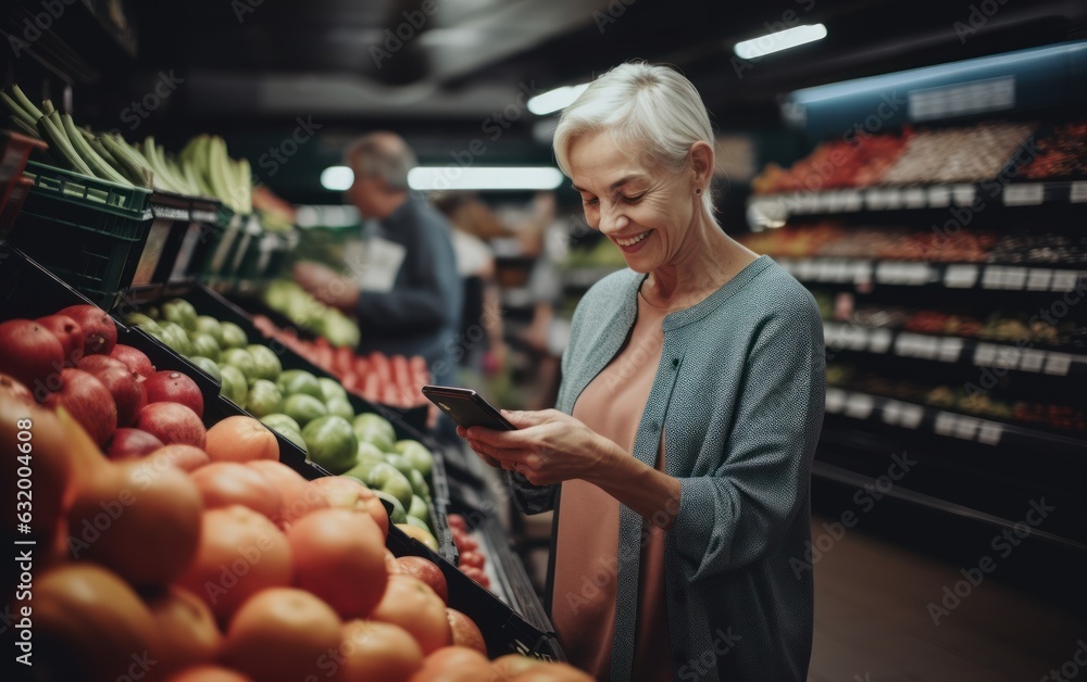 Cheerful using a digital tablet in her grocery