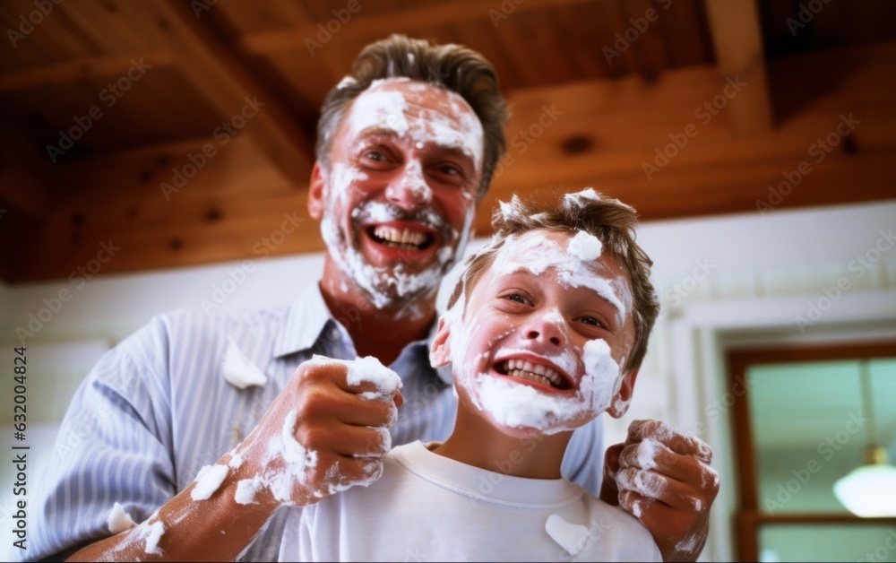 Fun on fathers day Dad and his son have fun shaving together