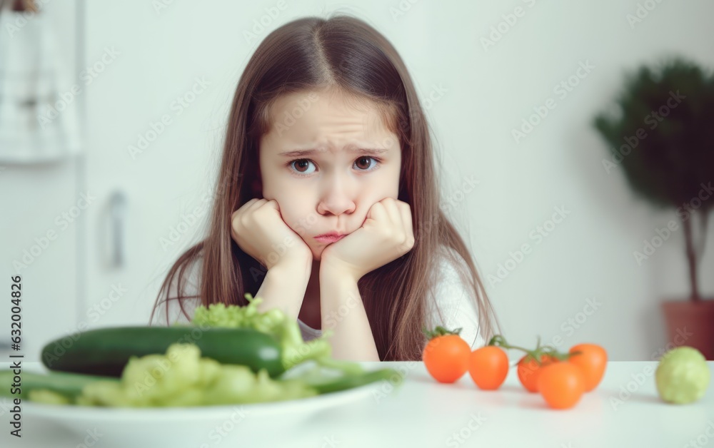 Girl don’t like vegetables, white background