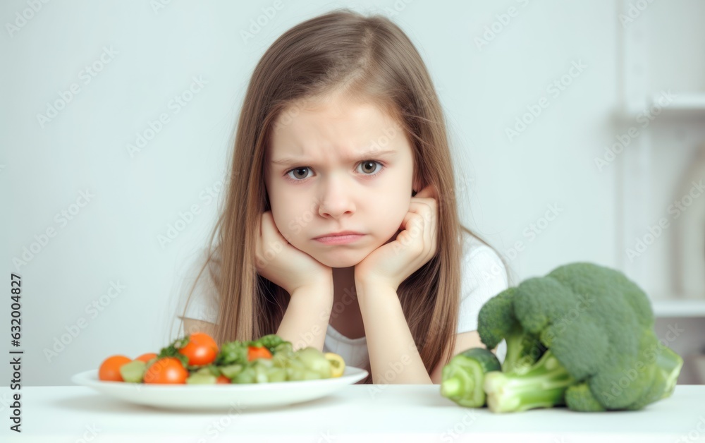 Girl don’t like vegetables, white background