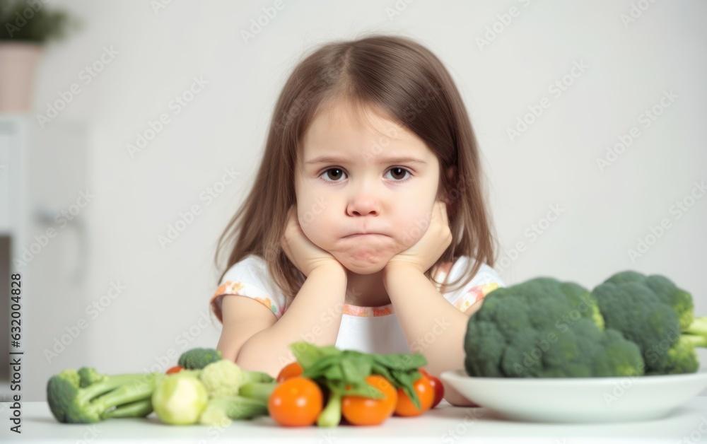 Girl don’t like vegetables, white background