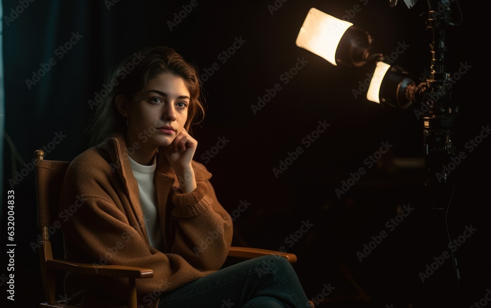 girl sitting on a directors chair with cinema lights