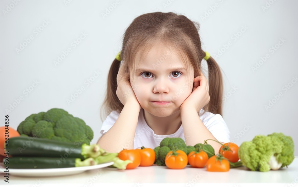 Girl don’t like vegetables, white background