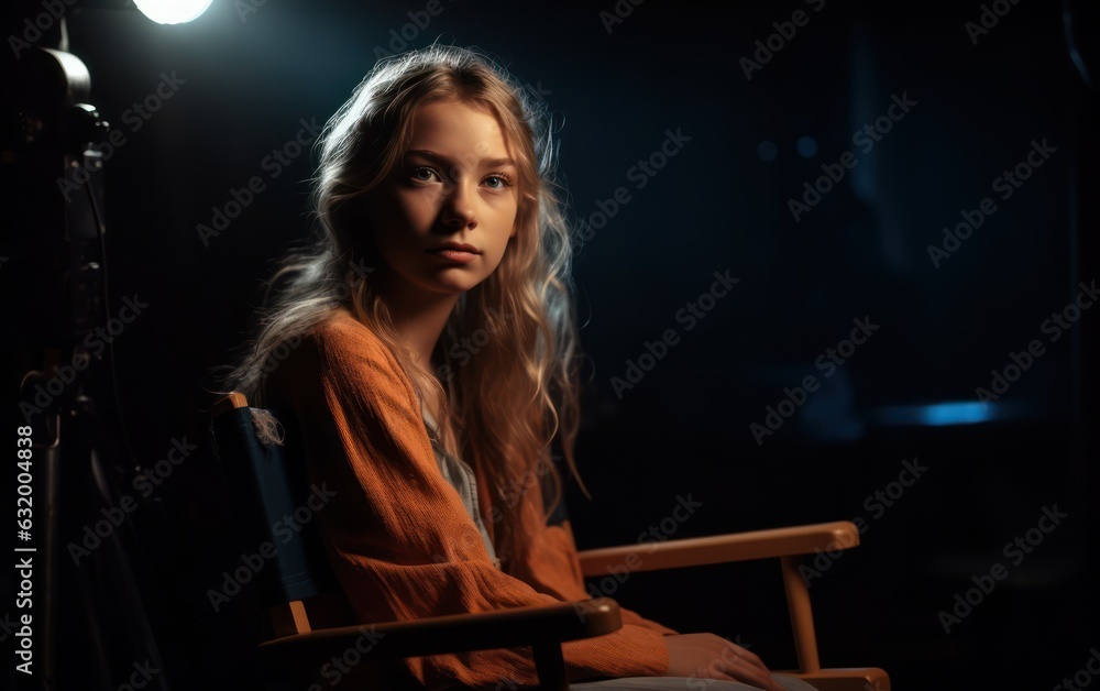 girl sitting on a directors chair with cinema lights