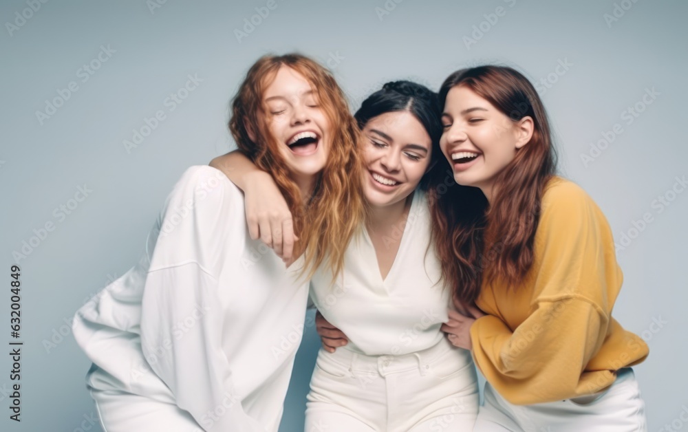 Girls having fun together in a white studio