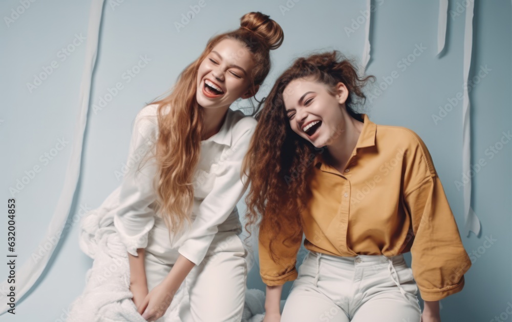 Girls having fun together in a white studio