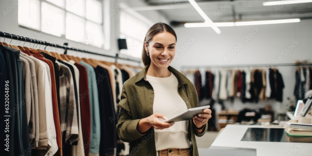 Happy clothing store owner using a tablet to manage her small business