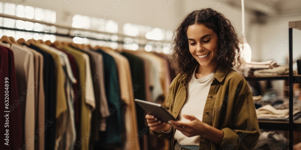 Happy clothing store owner using a tablet to manage her small business