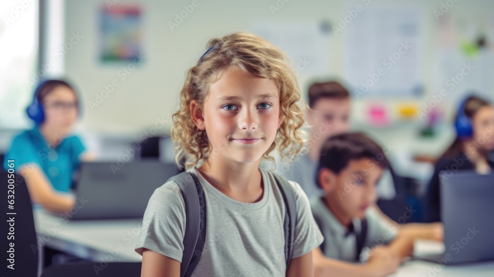 Male student looking at the camera in a digital literacy classroom, with his teacher and classmates 