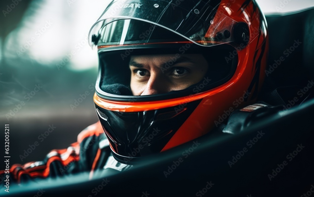 Racer in a helmet driving a car on the track