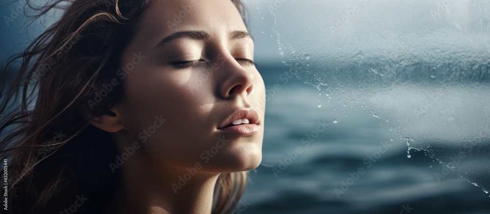 Woman breathing at sea, white light background