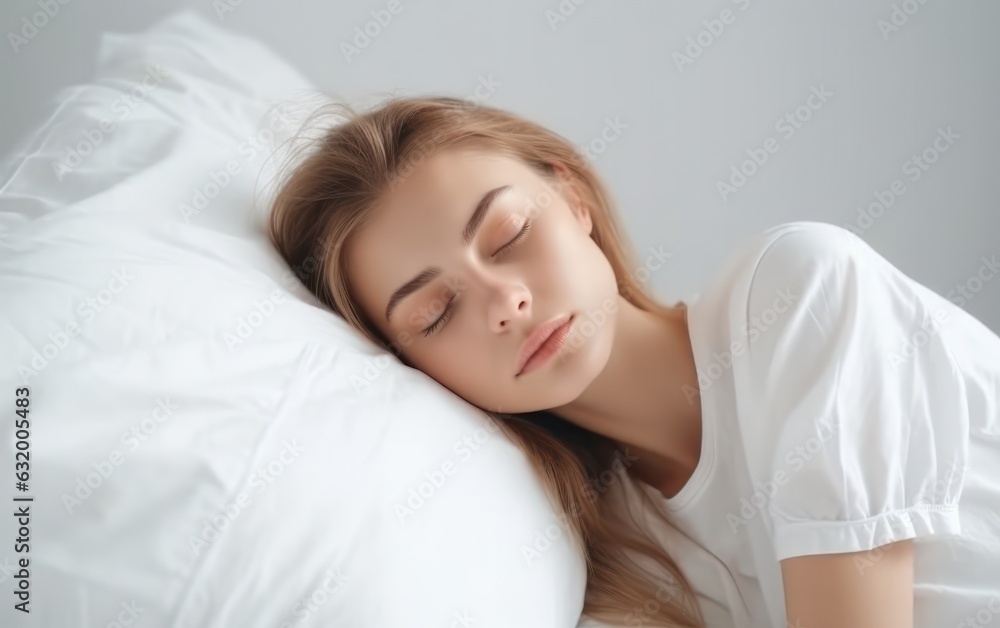 Woman sleeping on bed. white light background