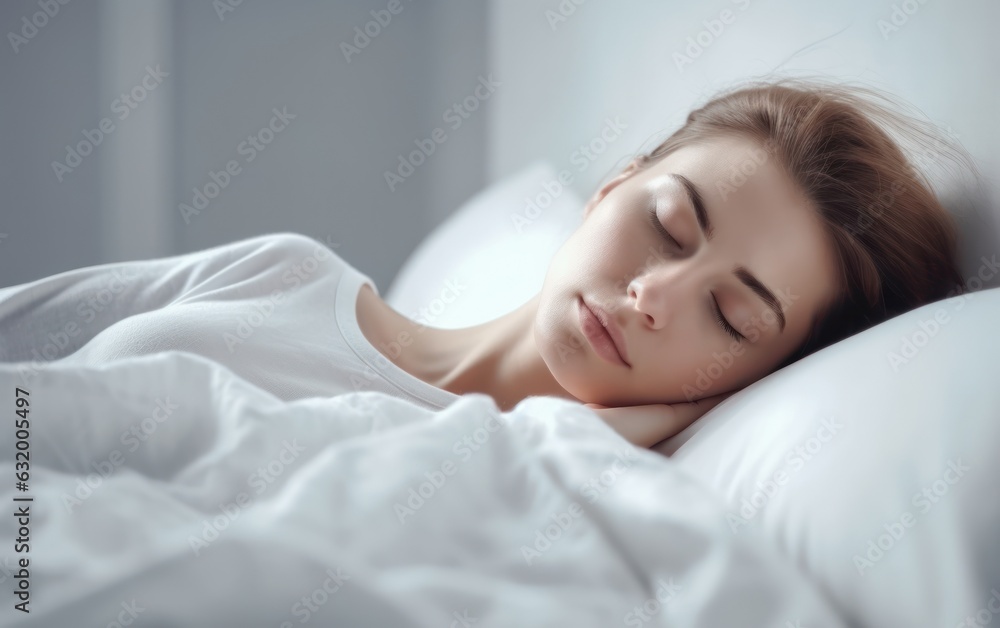 Woman sleeping on bed. white light background