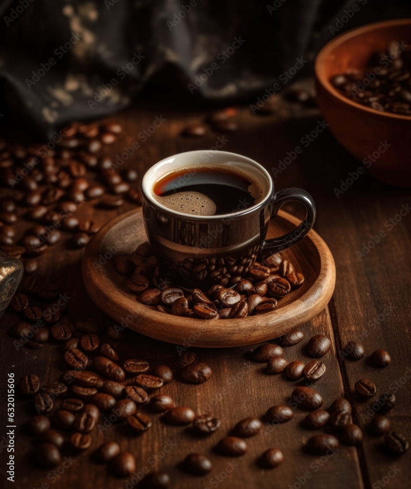 hot espresso with brown coffee seeds on the brown wooden desk