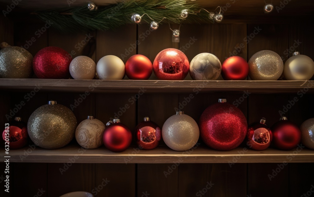 Christmas balls on a wooden shelf