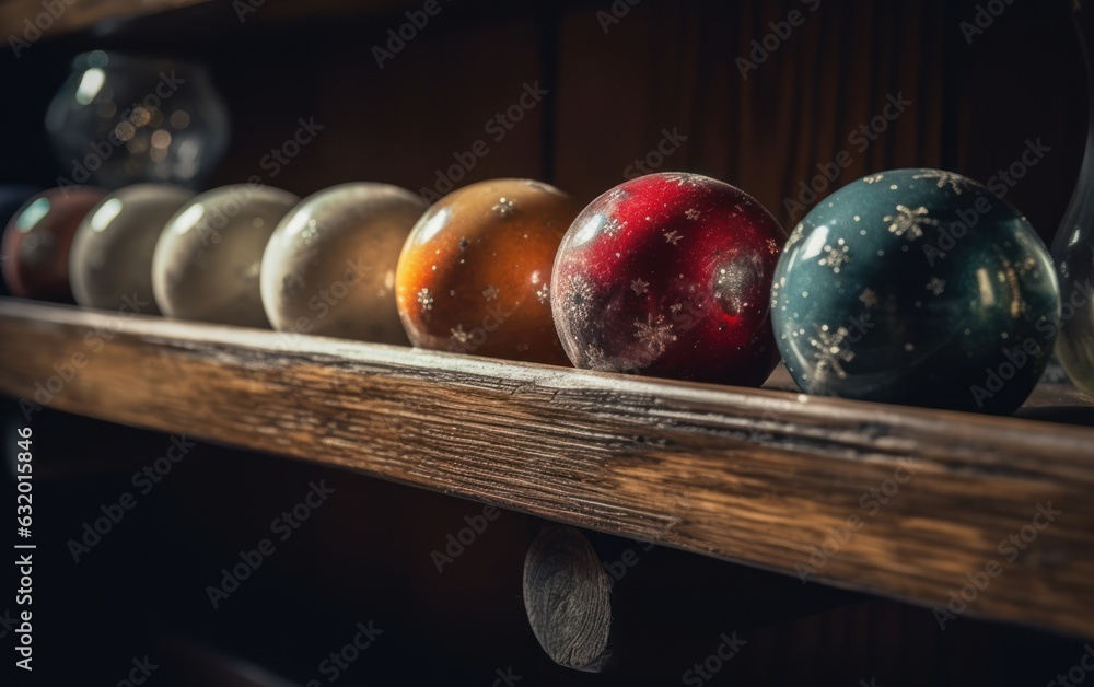 Christmas balls on a wooden shelf