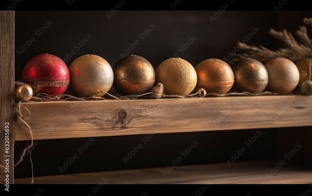 Christmas balls on a wooden shelf