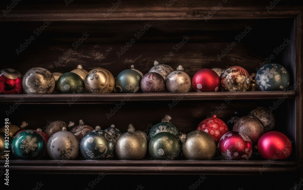 Christmas balls on a wooden shelf