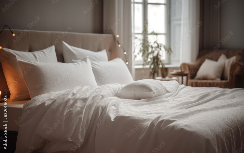 White bed sheets and pillows and white  wall