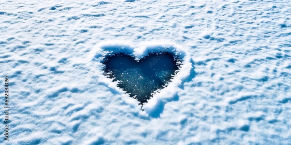 Enchanting heart shape etched on a snowy winter lake, embodying joy and playfulness in an outdoor se