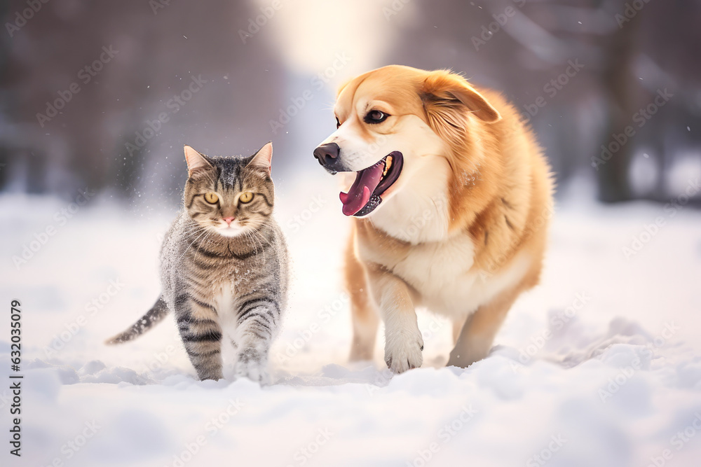 Playful dog and cat chasing each other in a winter wonderland, capturing the essence of joy and inno