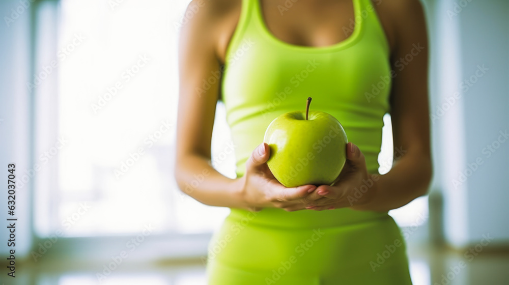 Inspirational young woman in sportswear, embracing a healthy lifestyle with green apple in hand, ami