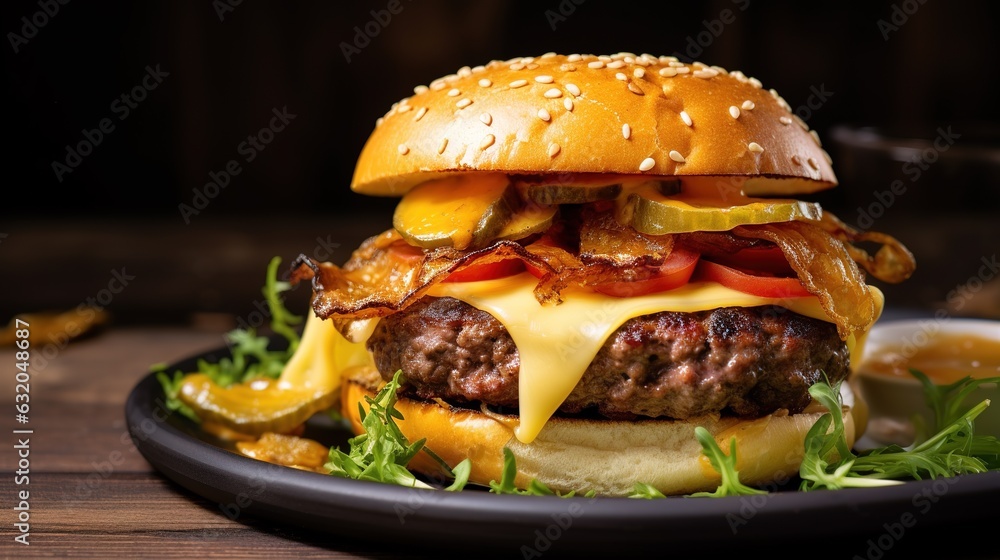 a rustic hamburger featuring a succulent beef cutlet topped with melted cheese