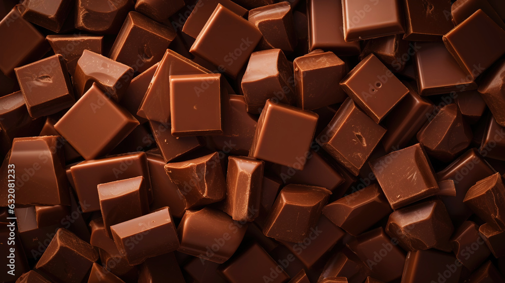 Milk chocolate chunks background. Top view of many chocolate blocks. Generative AI