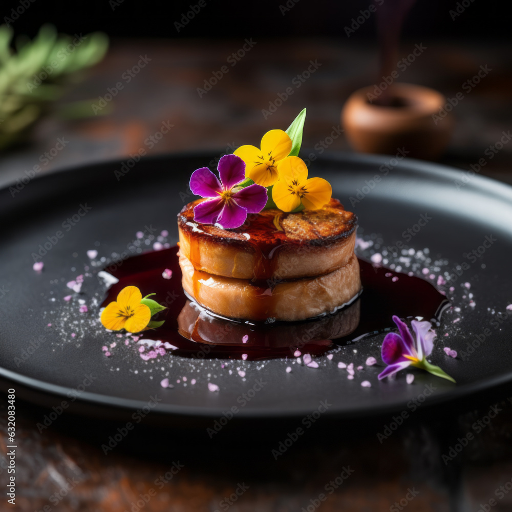 Foie gras, a pate decorated with edible flowers and micro greenery.