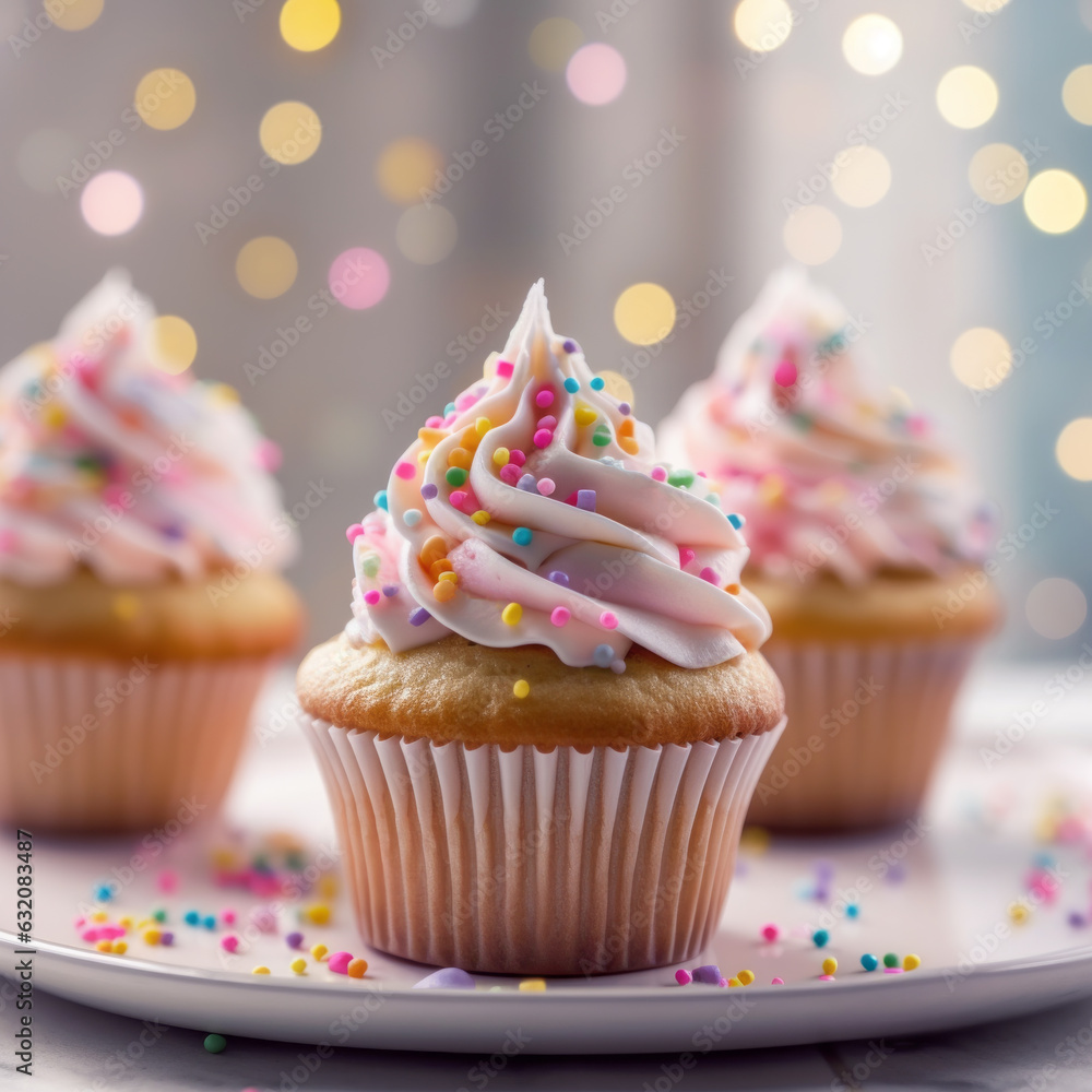 Delicious Cupcakes for party on blurred background