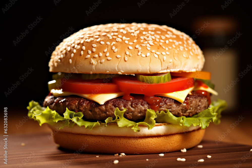 hamburger with cutlet grilled on a wooden surface