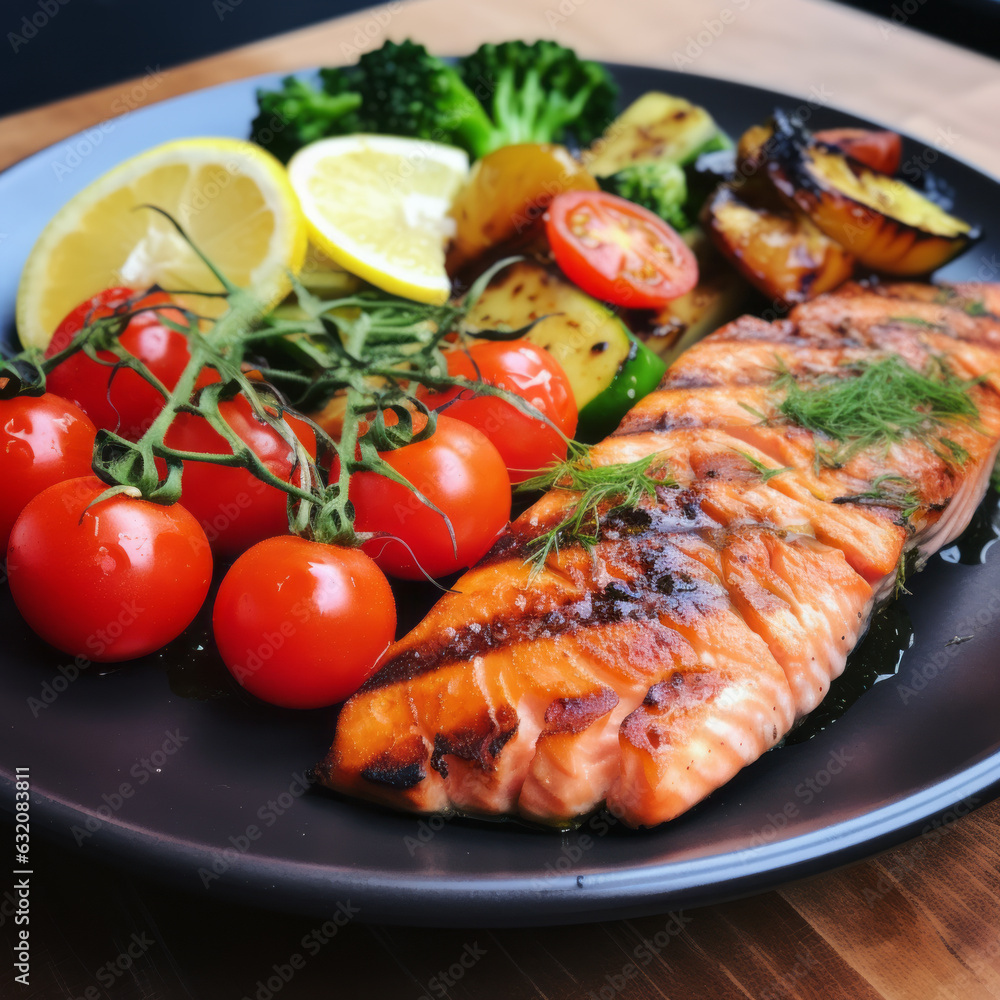 Grilled salmon steak with vegetables on the table close up