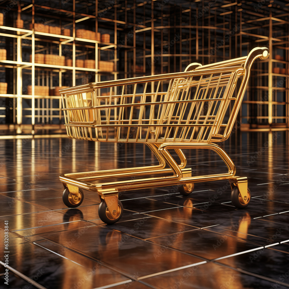 golden shopping cart and supermarket as a background