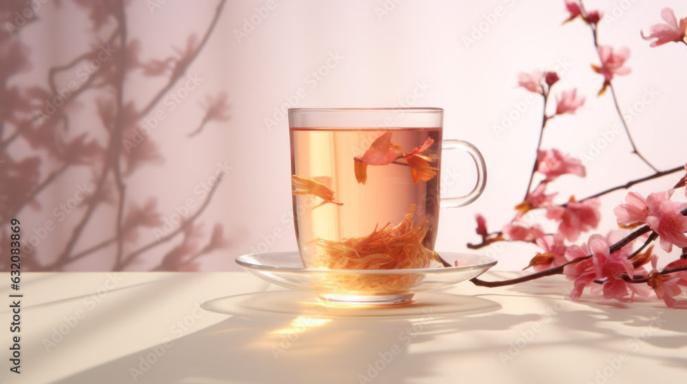 A cup of tea and flowers on pink background